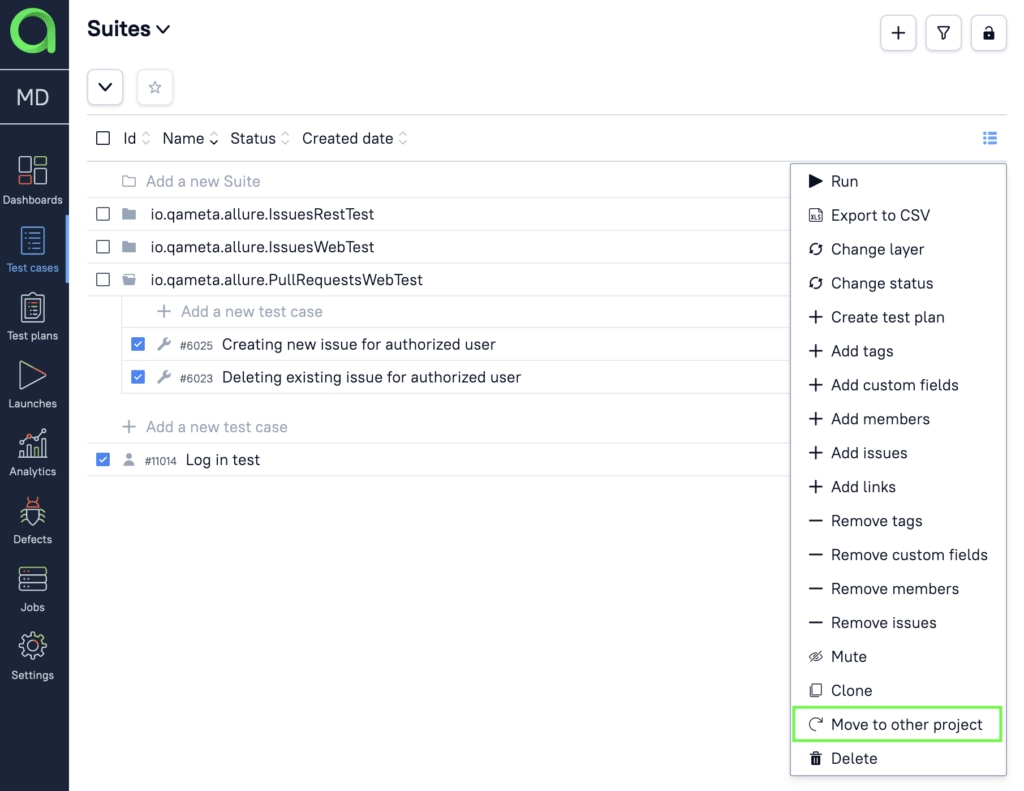 TestOps Test cases Bulk move