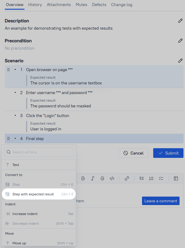 Converting to a step with expected results