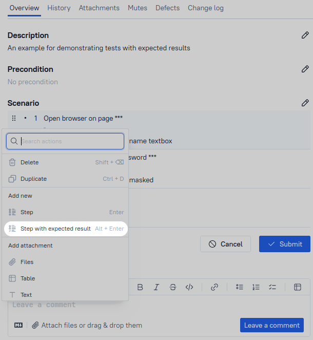 Creating a step with expected results