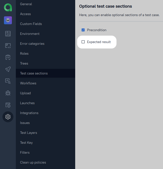 Toggling on and off the expected result field for test cases