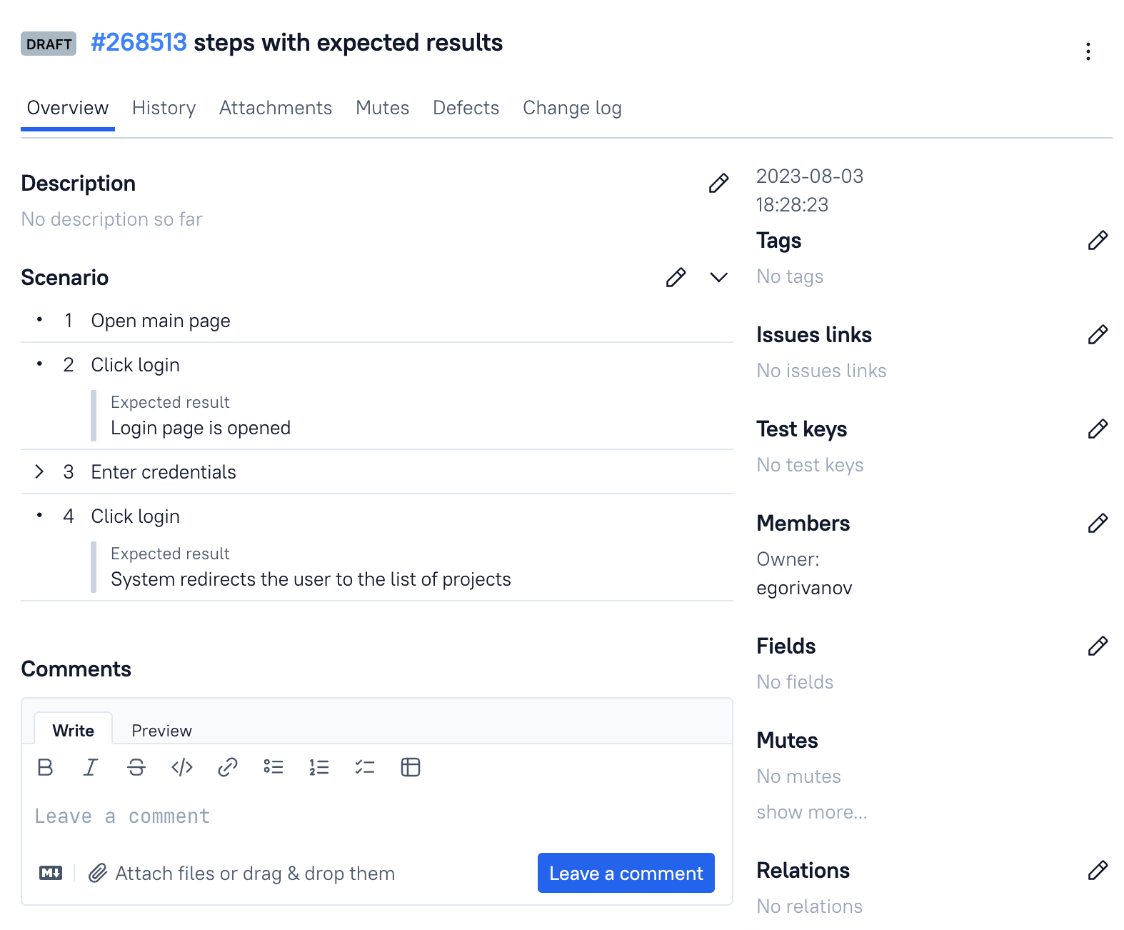 Expected results in test case steps