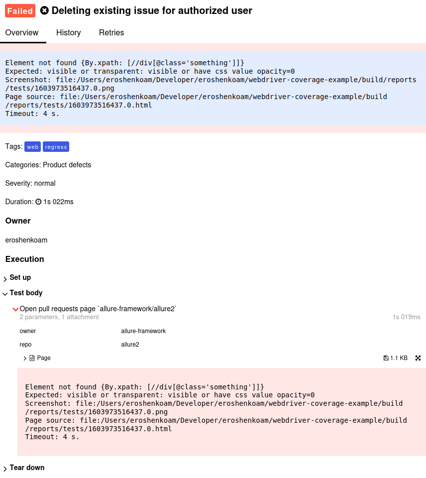 A stack trace in Allure Report