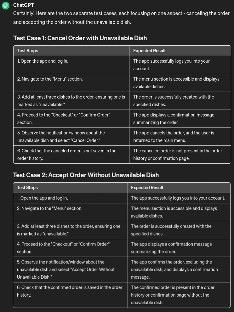 Test case in a table