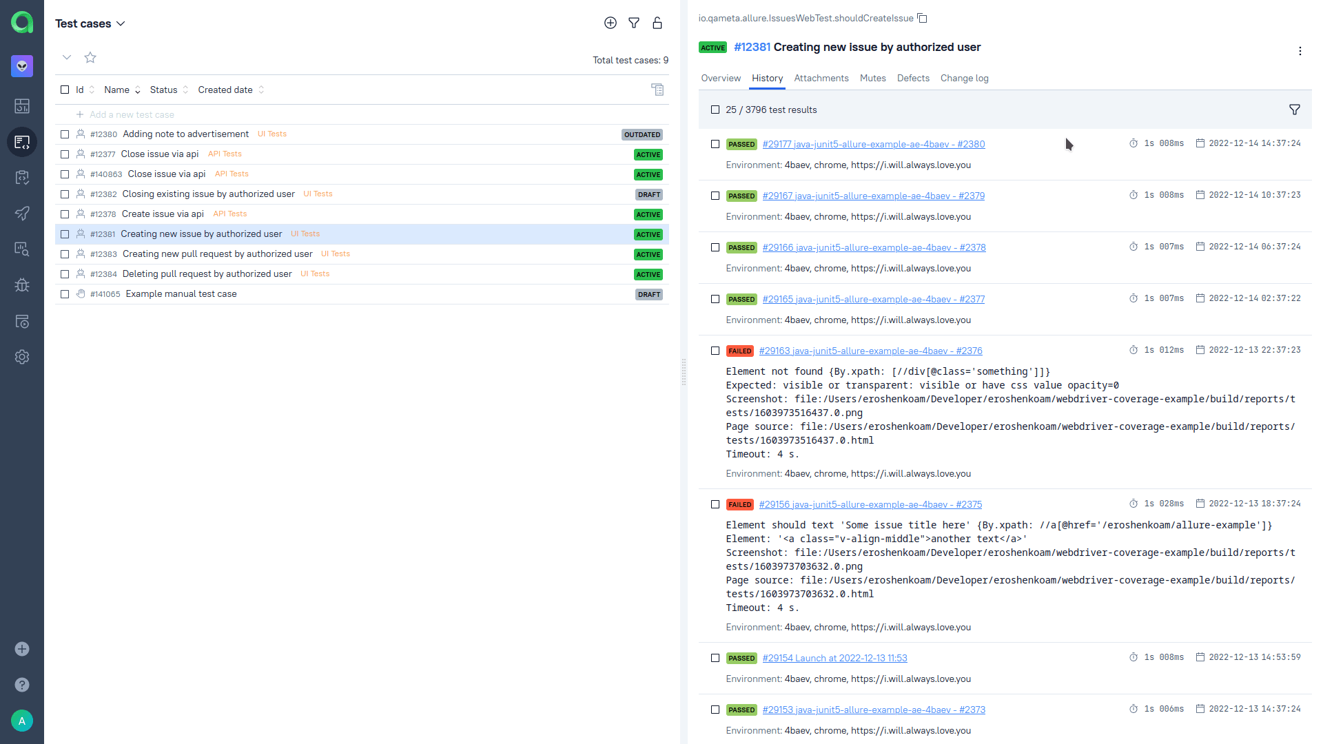 Test case history